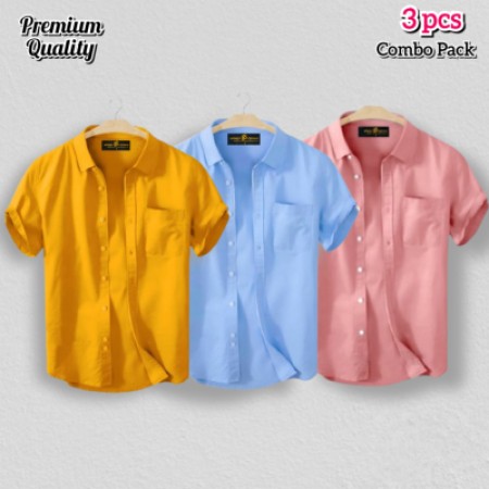 3 Pcs Half Shirt -Yellow+Sky+Cream