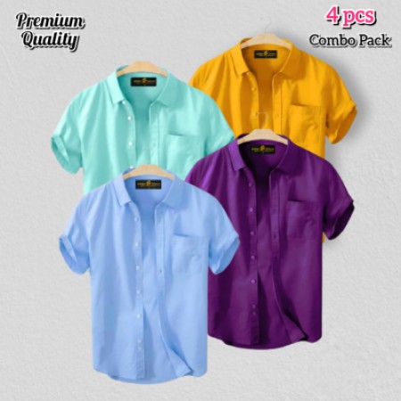 4 Pcs Half Shirt -Yellow+Sky+Pest+Purple